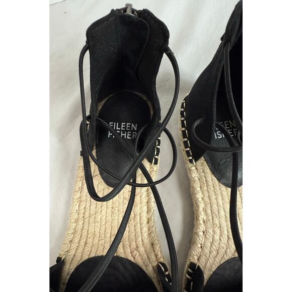Eileen Fisher Lace Leather Espadrille Sandals Black and Jute‎ Size 6 - Picture 5 of 11